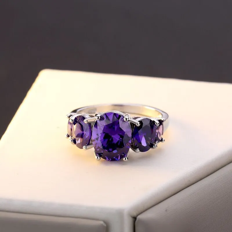 OMHXZJ Interi europei tre anelli di pietra Moda Donna Uomo Festa Regalo di nozze Argento Viola Ametista Anello in argento sterling 925 R5681712