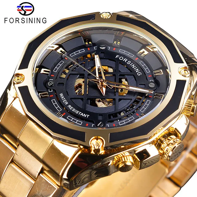 Forsining 2019 3d design transparente ouro aço inoxidável relógio de esqueleto automático dos homens marca superior luxo relógio masculino montre homme226s