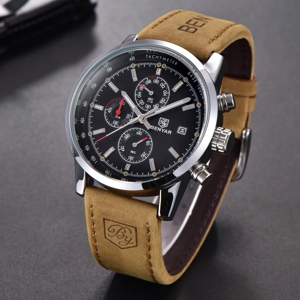 CWP Benyar Fashion Cronograph Sport Mens Watches Top Brand Luxury Quartz Watch Reloj Hombre Reloj Hour Relogio Masculino228J