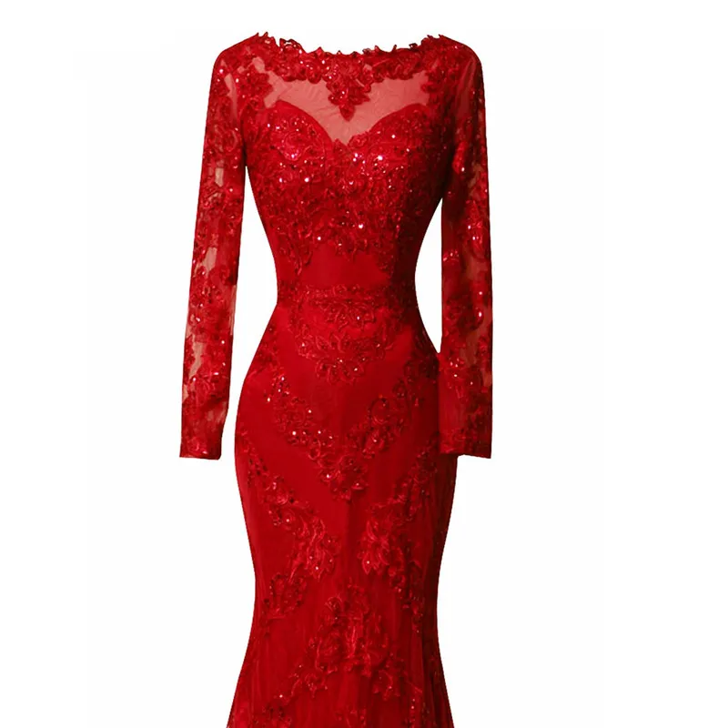 Emerald Red Lace Long Evening Dress Long Sleeves Beads Sweep Train Women Sexy Sequins Formal Pageant Gown For Prom Party219P