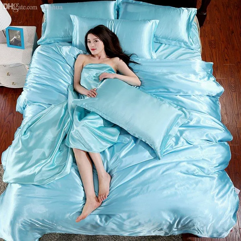 100% Saf Saten İpek Yatak Seti Ev Tekstili Kral Yatak Seti Yatak Örtüsü Nevresim Düz Levha Yastıklar