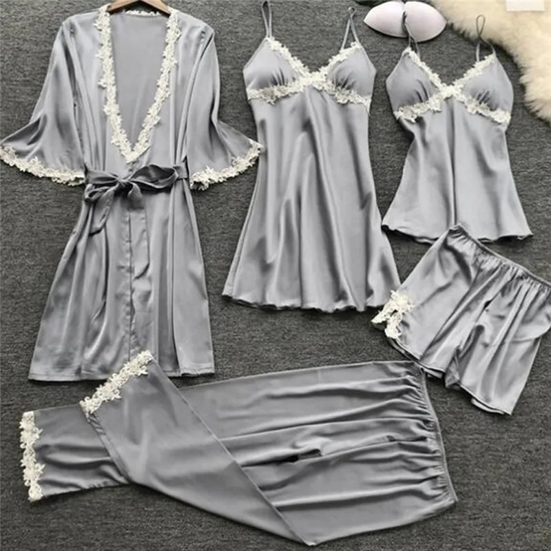 5 Stück Pyjamas Set 2020 Frauen Satin Senkelwäsche Sexy Spitze Pyjamas Sleep Lounge Pijama Seide Nacht Home Kleidung Pyjama Sets T200529