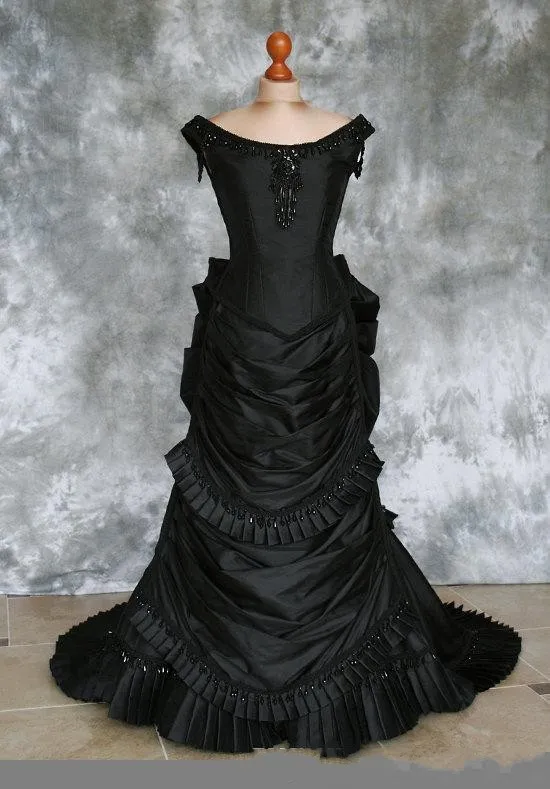 Beaded Gothic Victorian Bustle Prom Gown with Train Vampire Ball Masquerade Halloween Black Evening Bridal Dress Steampunk Goth 19336P