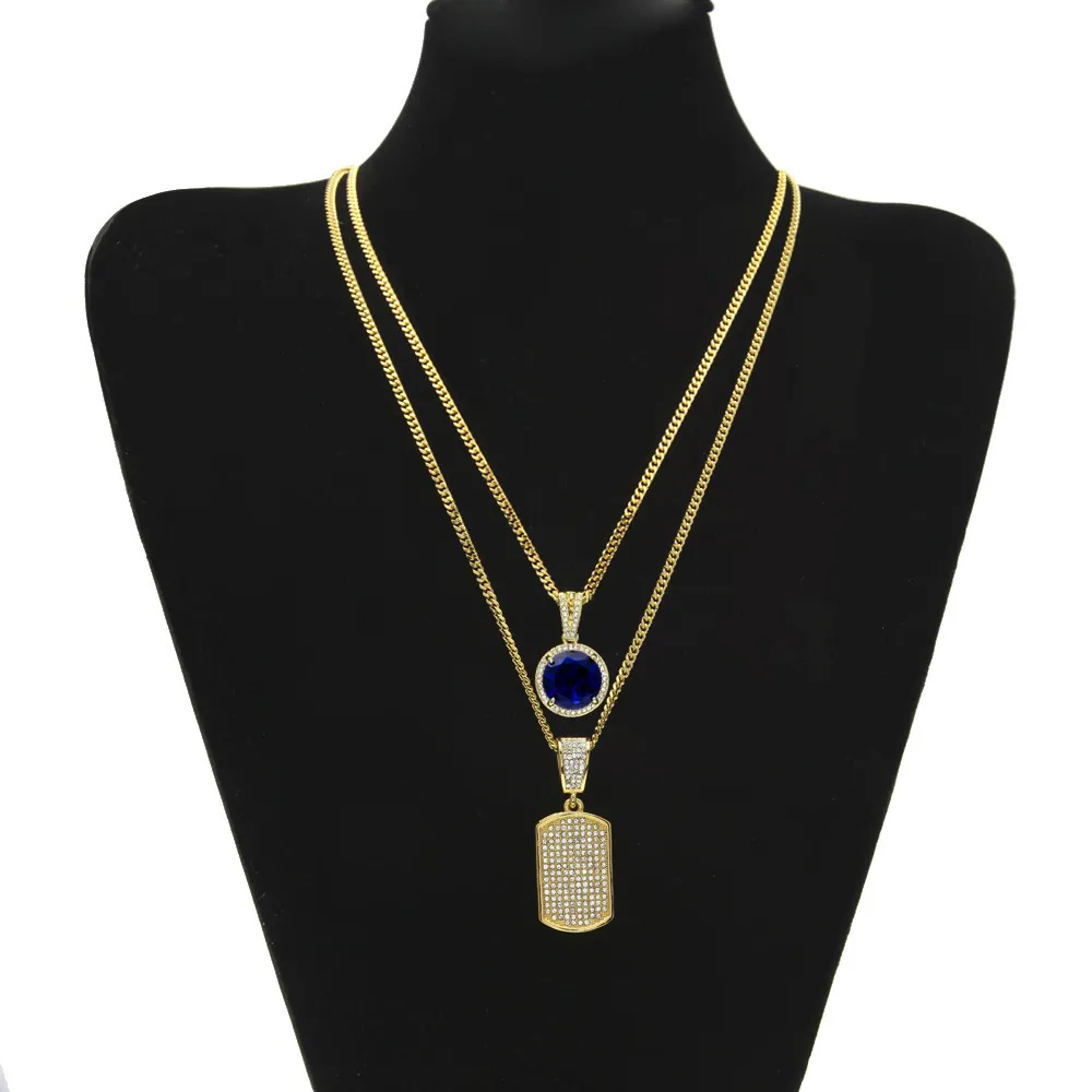 2 pezzi set ciondolo nero rosso blu mini pietra preziosa rotonda grandi strass dog tag catena cubana due collana uomo donna gioielli hiphop 2 N195t