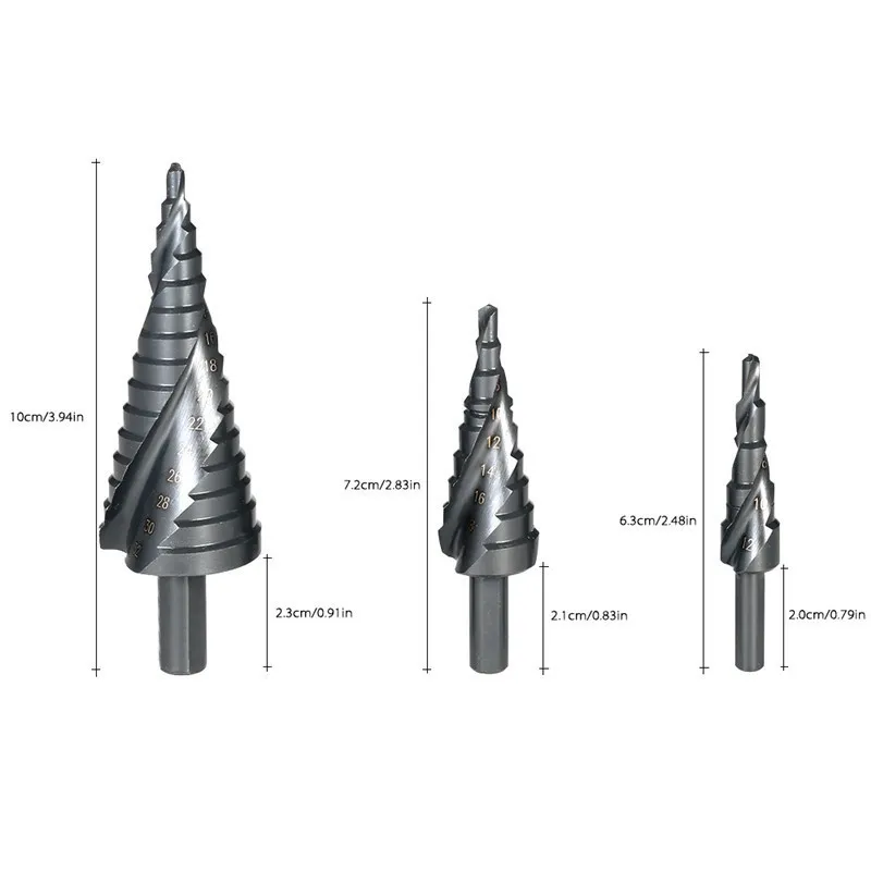 2022 새로운 432 블랙 HSS 코발트 스텝 드릴 비트 금속 원뿔 삼각형 생크 구멍 커터를위한 고속 스틸 나선