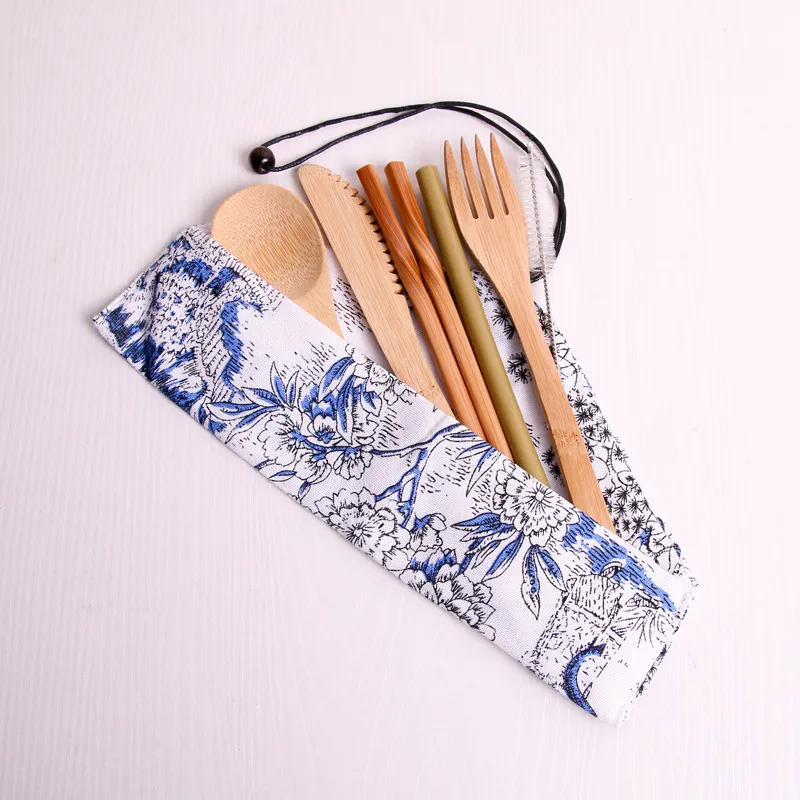 Bamboo cutlery kit knife fork spoon sets straw brush tableware travel picnic suit with canvas bag