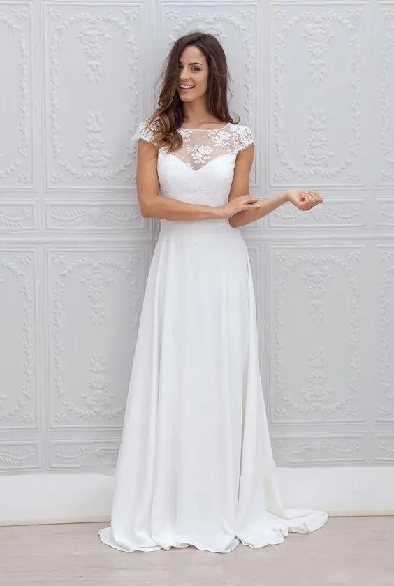 Eleganti abiti da sposa da spiaggia casual Boho 2019 con apertura sul retro maniche ad aletta A Line Sweep Train pizzo bianco e chiffon estivo da sposa Go211A