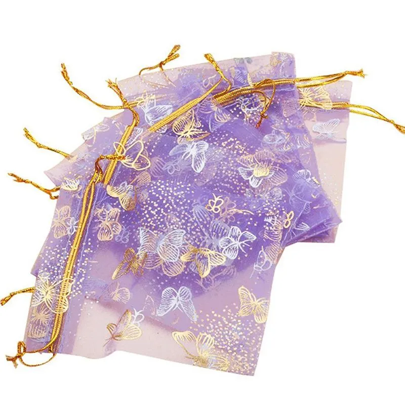 Sacs à bonbons de mariage imprimés papillon violet, de 10x12cm, 100 pièces, emballage de bijoux, sacs en Organza extensibles, pochettes cadeaux de fête 350c
