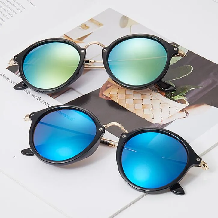 Fashion Classic Round Sunglasses Gold Metal Frame Eyewear Designer Mirror Sun Glasses Men Women Flash Shades l8s with case272o