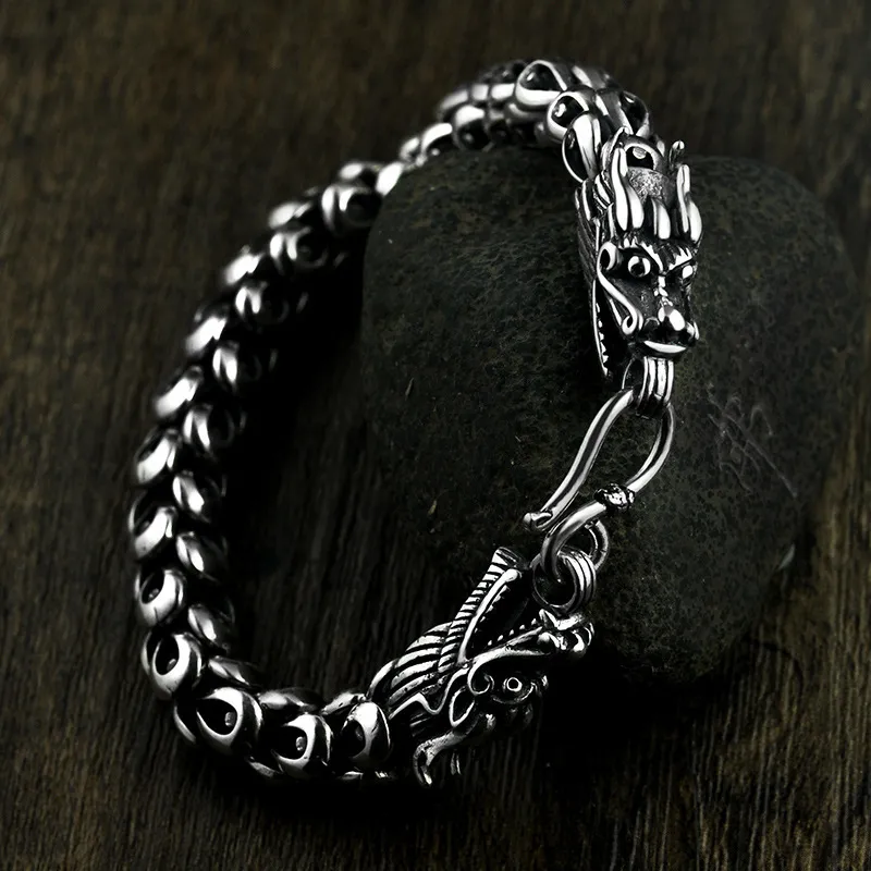 Dragon Scale Armband Chain Real Pure 925 Sterling Silver Double Heads Vintage Punk Rock Retro Style Men smycken CX200706232Z