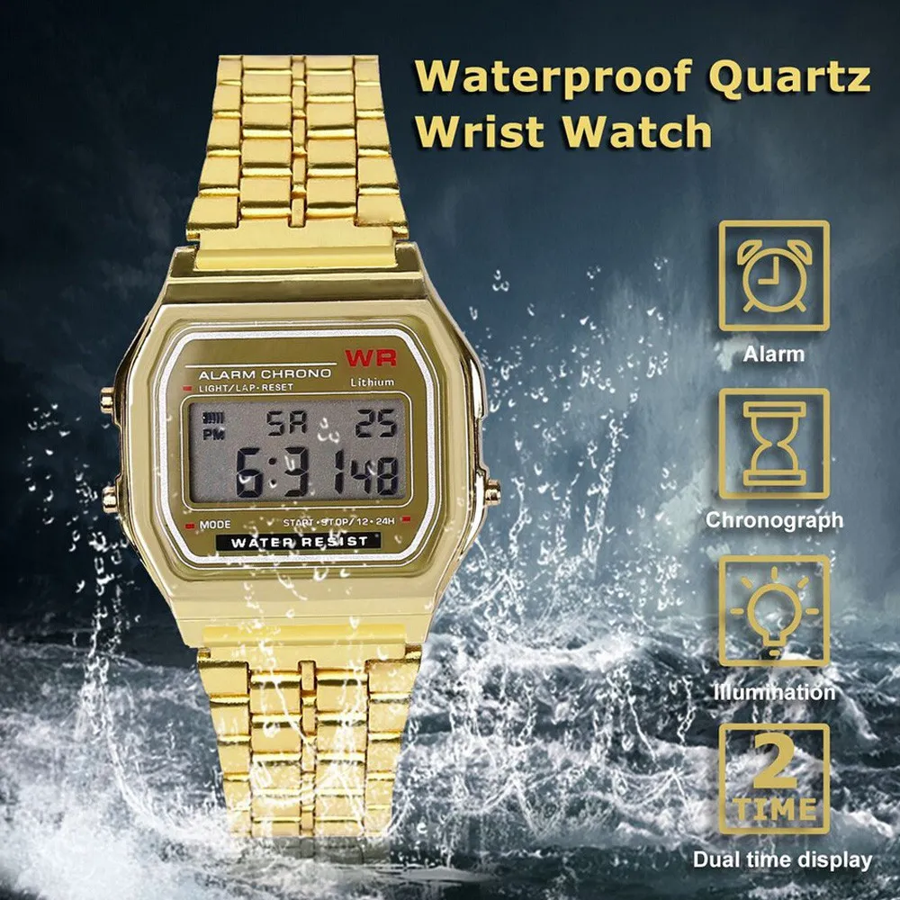 Wristwatches WR النساء رجال الرسغ ساعة الرقمية مقاوم للماء الكوارتز فستان ذهبي LED الساعات رجل الرياضة الإلكترونية الساعات 12506