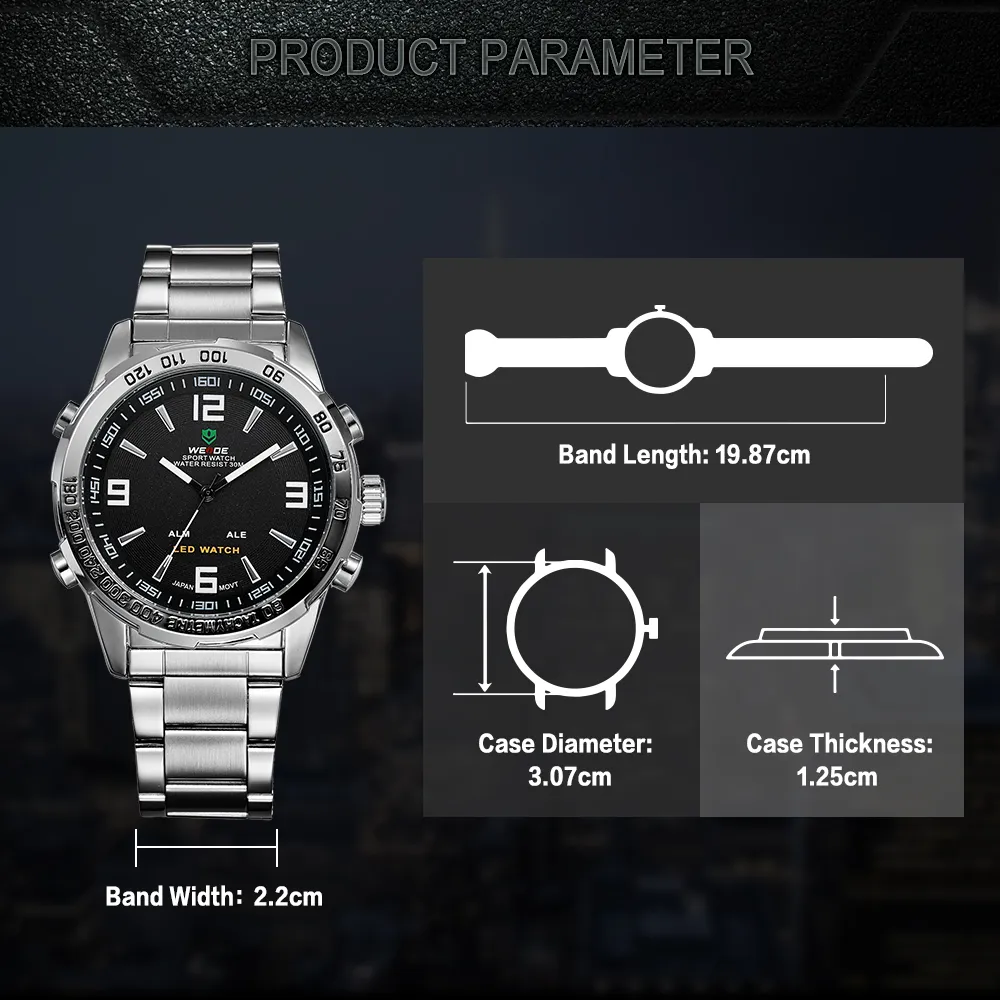 WEIDE мужские кварцевые часы с цифровым дисплеем, автоматическая дата, деловые наручные часы с черным циферблатом, водонепроницаемые часы в стиле милитари, Relogio Mascul202Q