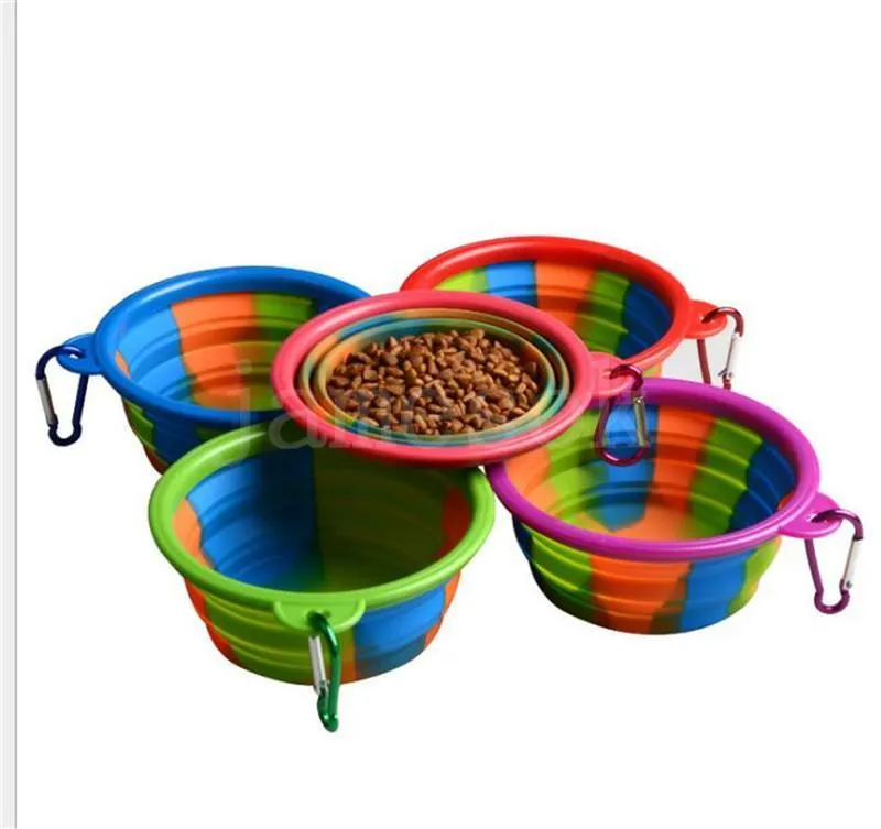 Camouflage Pet Bowl Silicone Collapsible Folding Puppy Bowl With Carabiner Portable Pet Dog Bowl For Outdoor Travel Food Water Feeding DC821