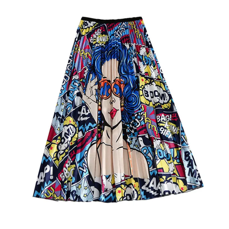 Cr 2019 Printemps Nouveau-venu Motif De Bande Dessinée Européenne Haute Élasticité Jupe Plissée High Street Style A-ligne Mi-mollet De Noël Y190428