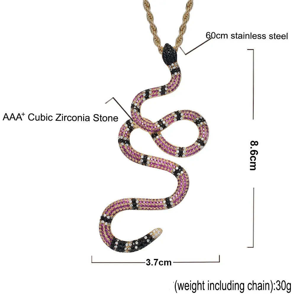 Collier pendentif serpent coloré en zircone cubique, avec chaîne en corde, Micro pavé or argent Punk Hip Hop, bijoux 238Q, nouvelle collection