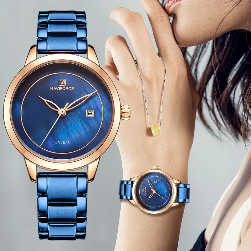 Women Watch Naviforce Edelstahl Lady Armbandwatch Mode wasserdichte Ladies Uhren Einfache Blue Girl Clock für 216Q