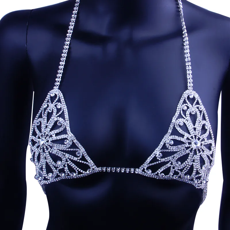 Ny design Womens Flower Sexig Body Chain Bra Harness Halsband Crystal Underwear Belly Body Chain Panties Body Jewelry T200508