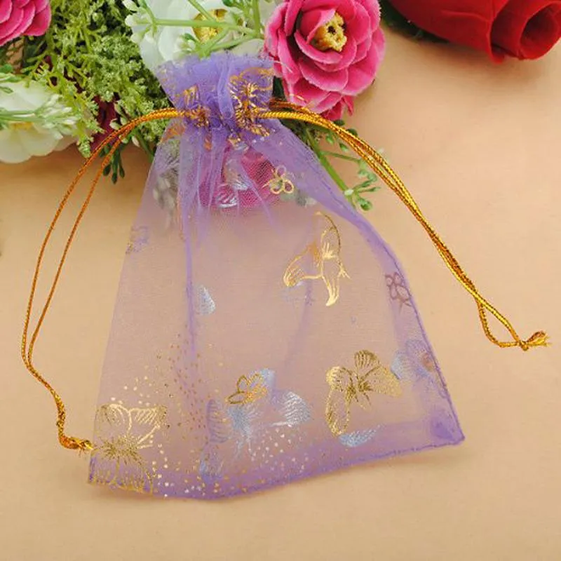 10x12cm 100 stcs Purple Butterfly Print Wedding Candy Bags Sieraden Pakken Drawable Organza Bags Party Geschenkzakken226p