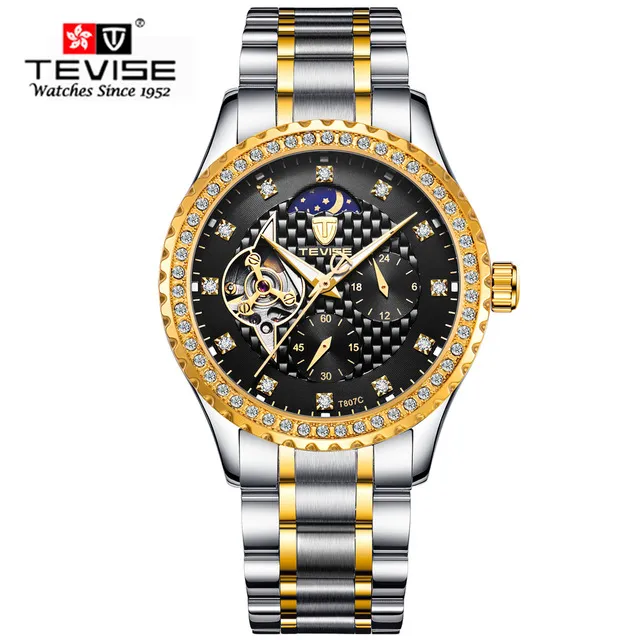 TEVISE Luxe Heren Stailness stalen band Automatisch horloge Mode Heren Maanfase Diamant Lichtgevende mechanische klok323G