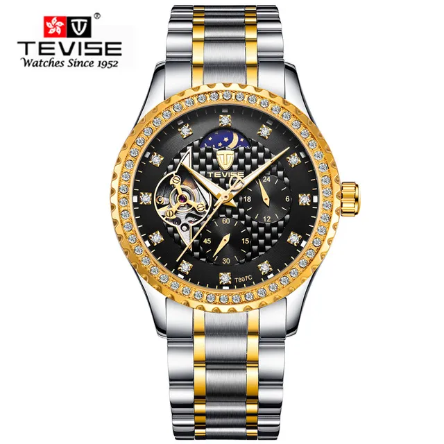 TEVISE Luxury Men Stailness steel Band Automatic Watch Fashion Men Moon phase Diamond Luminous Mechanical Clock227E