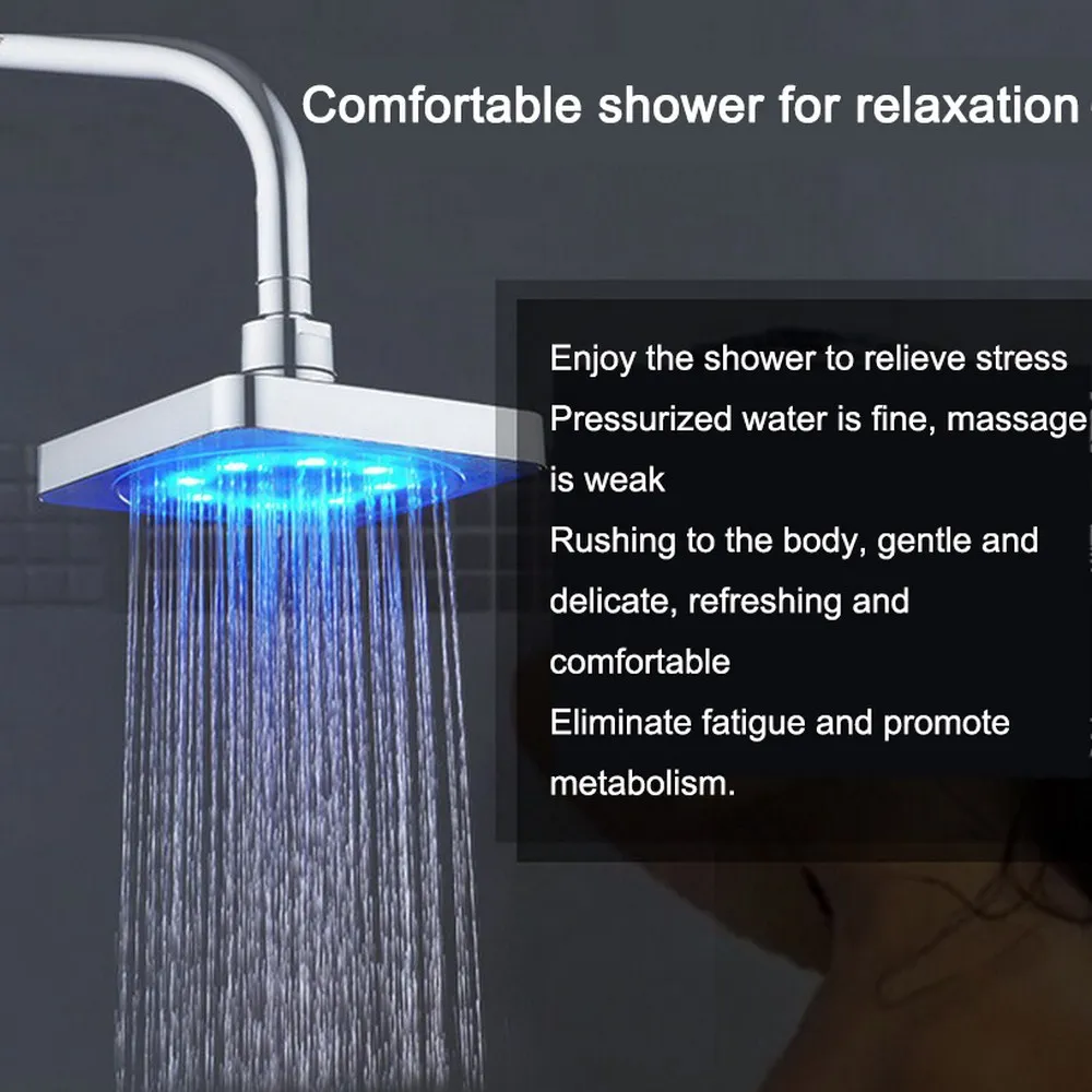 Ny 6 tum LED -rostfritt stål dusch regnskorvningsduschhuvud högt tryck regnskår färgglad missfärgning duschhuvud fyrkant B294s
