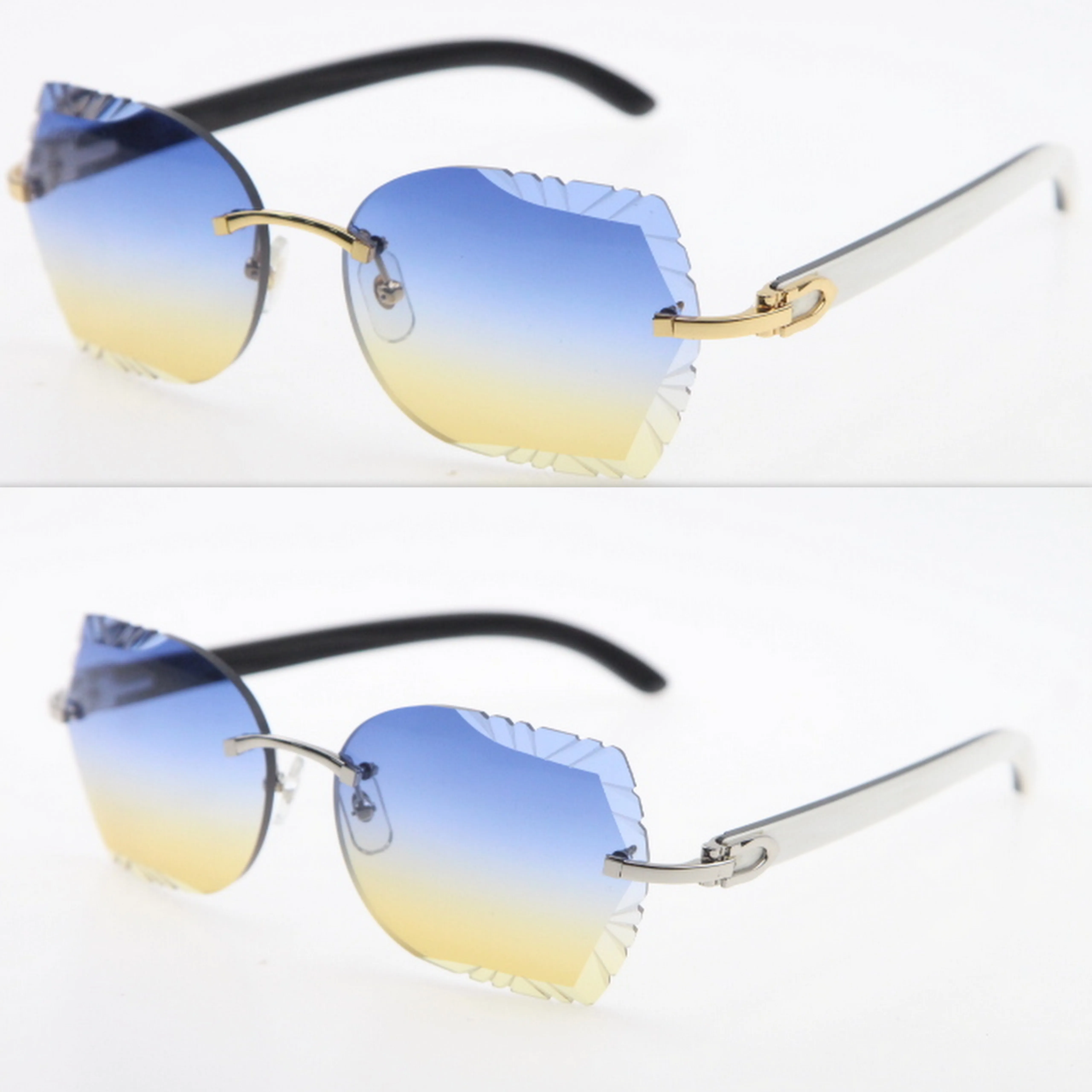 Populaire gesneden spiegellens Randloze zonnebril Origineel Wit Mix Zwart Buffelhoorn Bril Goud Blauw Rood mode Mode Accessor266o