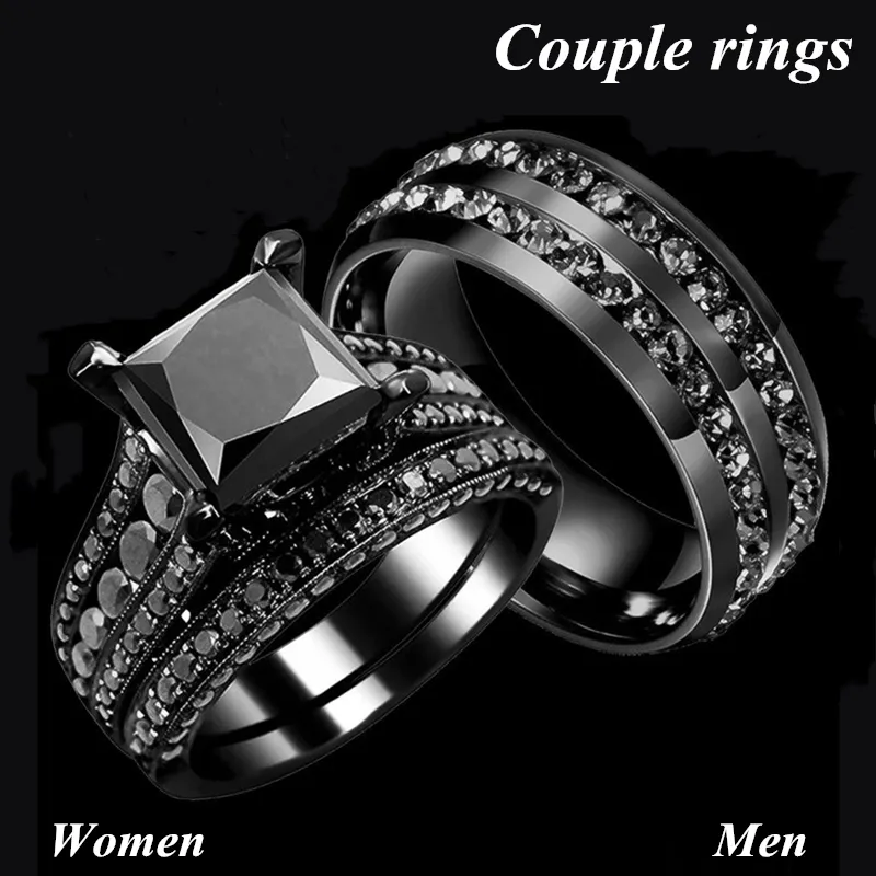 Anelli coppie - Anello con zirconi in acciaio al titanio da uomo e anello da donna con zaffiro nero in oro nero 14kt da donna En284B