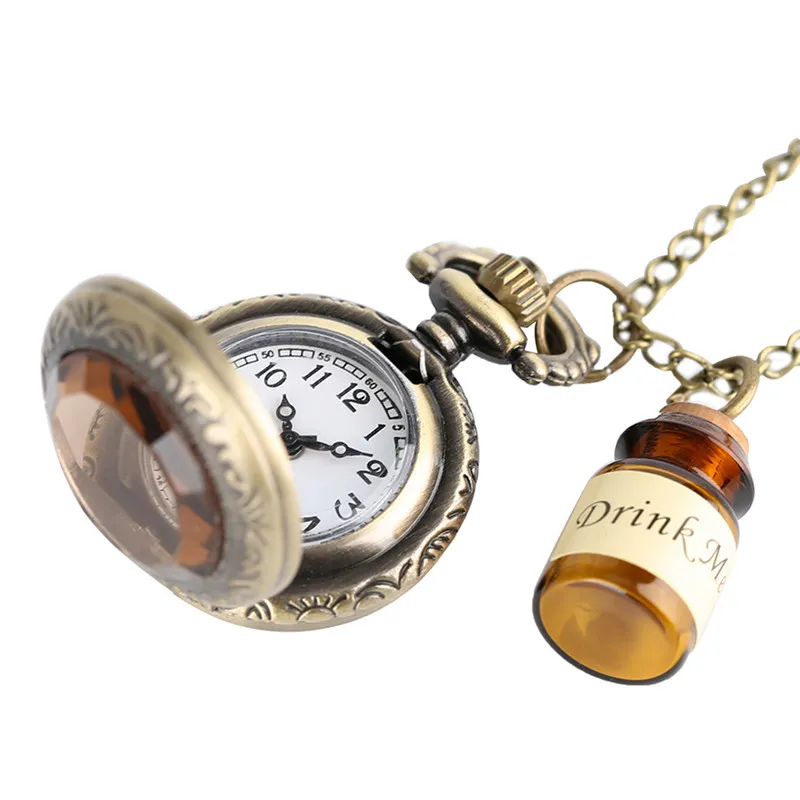 Vintage Creative Drink Me Glass Bottle Pocket Watches Quartz Analog Watch for Women Lady Girl Clock Halsband Pendant Chain Gift261h