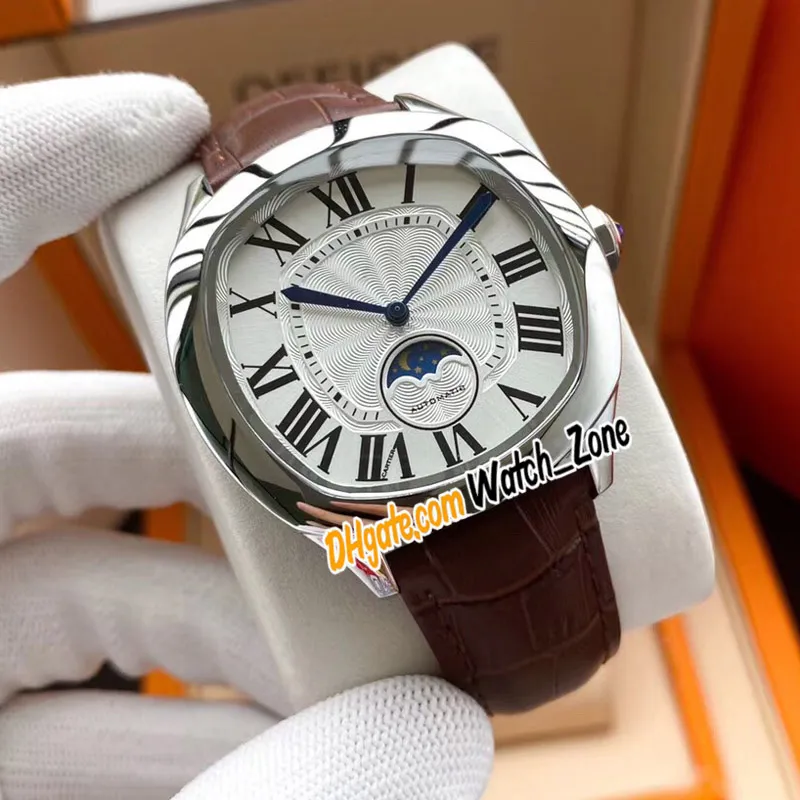 New Drive Moon Phase WGNM0008 Automatische Herren Watch White Textur Dial Roségold Hülle Braune Lederband Gents Uhrenzone 214n