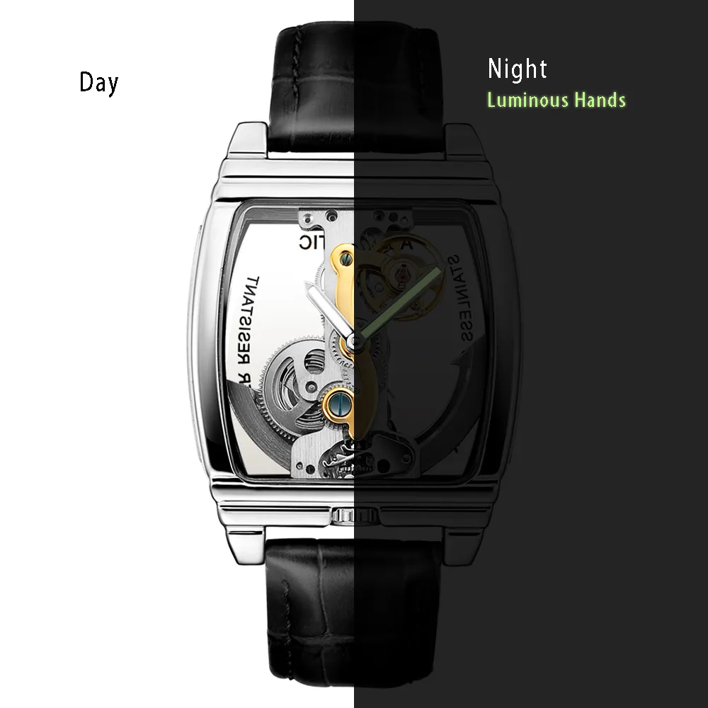 투명한 남성 시계 기계식 자동 손목 시계 가죽 스트랩 탑 스팀 펑크 셀프 와인딩 시계 남성 montre homme311e