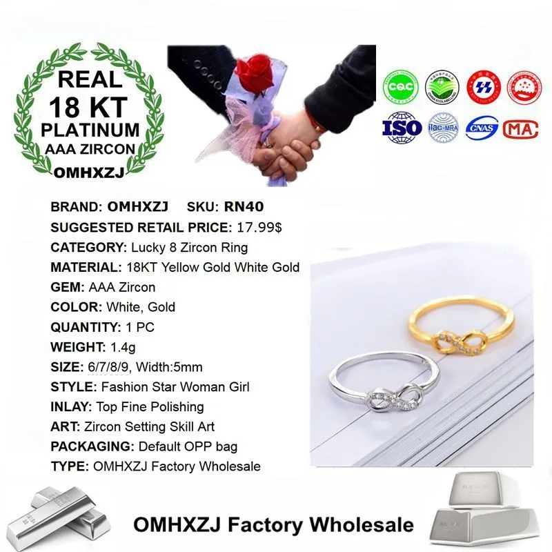 OMHXZJ Wholesale Personality Band Rings Fashion OL Woman Girl Party Wedding Gift Lucky 8 18KT Yellow Gold White Gold Ring RN40