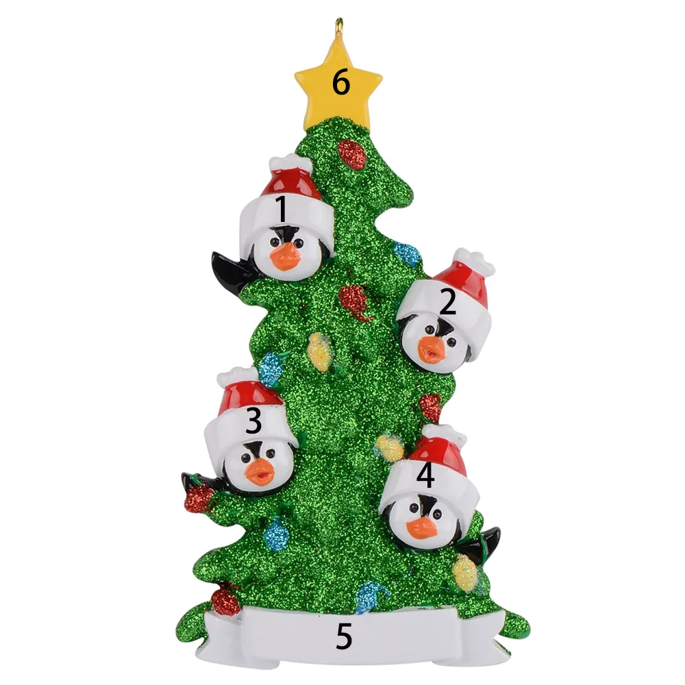 3 4 5 6の樹脂ペンギンファミリーホリデーホームの装飾として緑の木を持つパーソナライズされたクリスマス飾りミニチュアクラフトサプライ219a