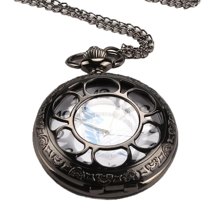 Antike klassische schwarze Attack on Titan Taschenuhr Vintage Quarz Analog Militäruhren mit Halskette Kette Geschenk reloj de bolsil311x