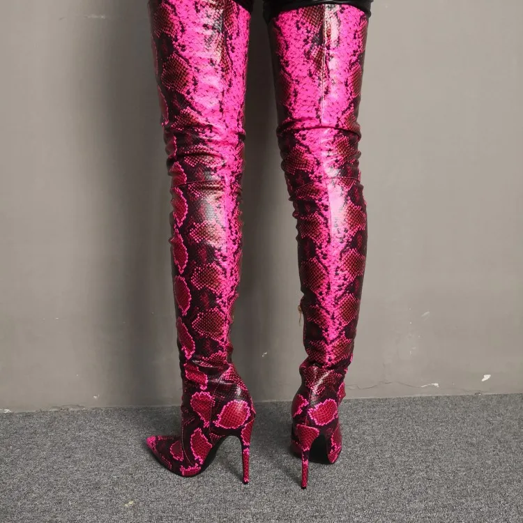 Rontic, nuevas botas de serpiente por encima de la rodilla para mujer, botas de tacón alto de aguja, zapatos de fiesta rojos rosas con punta estrecha, tallas grandes de EE. UU. 5-15