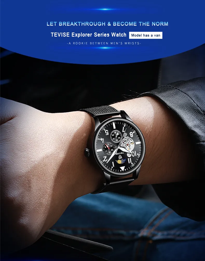 New Arrival TEVISE Men Automatic Mechanical Watch Full Steel Tourbillon Wristwatch Moon phase Chronograph Clock2393