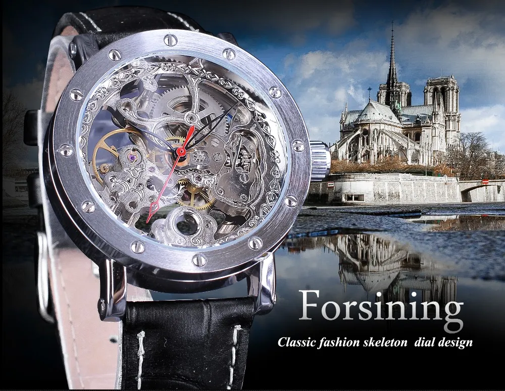Набор браслетов для часов Forsining, комбинированные серебряные часы со скелетом, красные руки, черные автоматические часы из натуральной кожи, мужские прозрачные часы279d