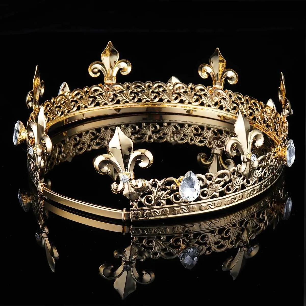Men039s Imperial Medieval Gold King Couronne ronde complète Tiara Cristal Strass Réglable Fleur De Lis Décor Diadem Party Costum1613466