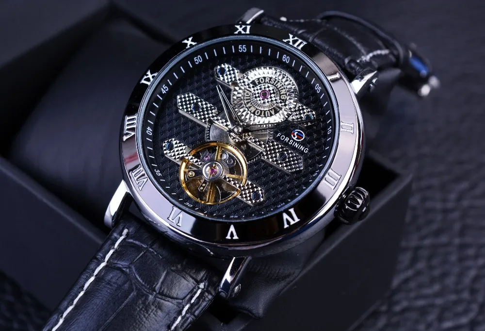 ForSining Tourbillion Obscure Designer Waterproof äkta läder Mens Watch Top Brand Luxury Mechanical Automatic Watch Clock208a