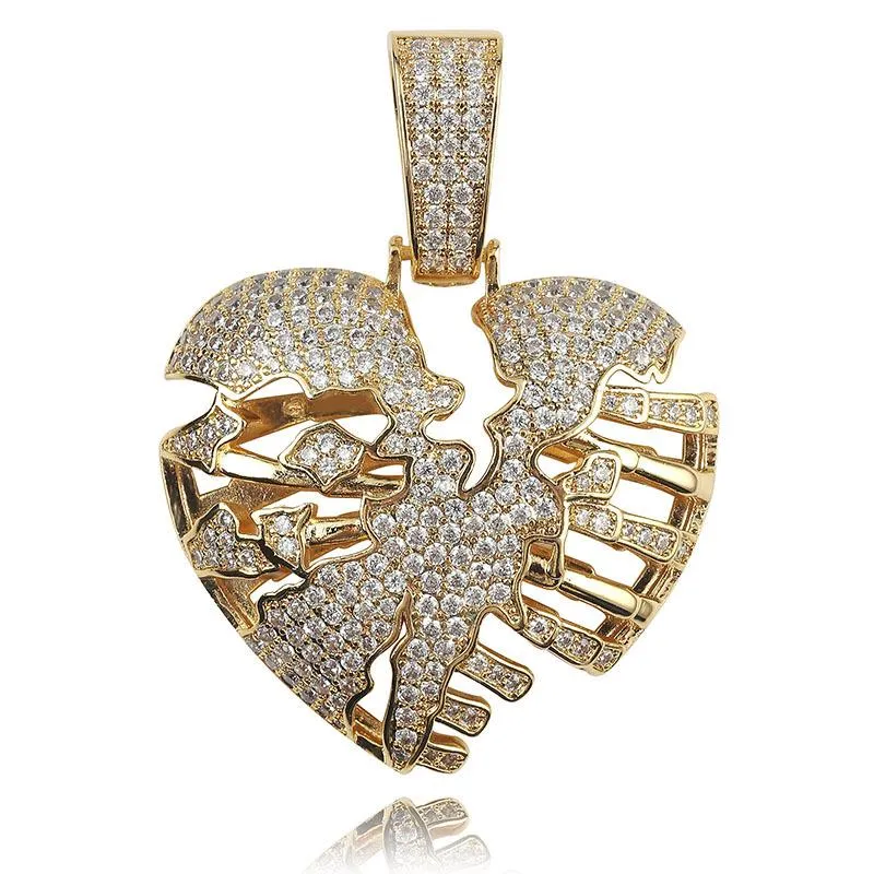 Personalizado Real 18K Oro Bling Diamante Roto Corazón Hueco Para Hombre Collar Colgante Iced Out Cubic Zirconia Amantes Hip Hop Joyería 175i