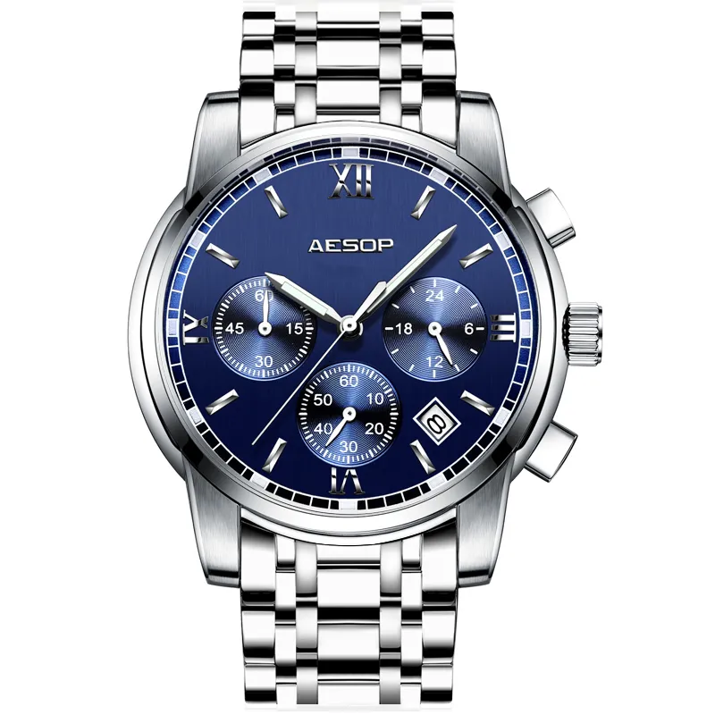 AESOP homme montre de Sport hommes saphir hommes montres à Quartz Date acier inoxydable mâle horloge bleu étanche Relogio Masculi246H