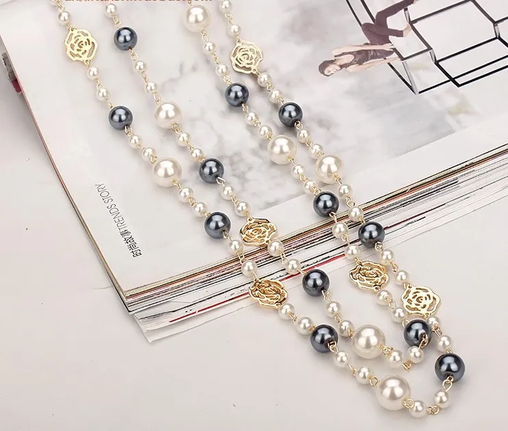 Fashion designer luxury classic style hollow roses elegant bright pearls long sweater statement necklace for woman226H