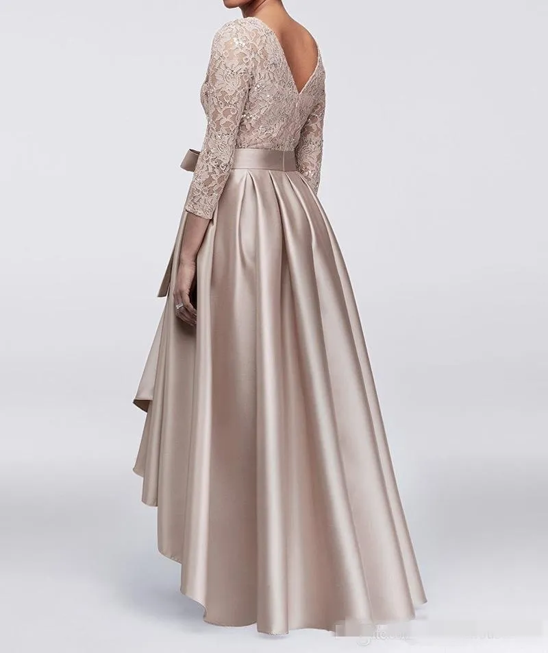 2020 szampana sukienki wieczorowe w rozmiarze Plus Wysoka niska dekolt Bateau 3 4 długie rękawy cekiny koronkowe elastyczne satynowe szarp