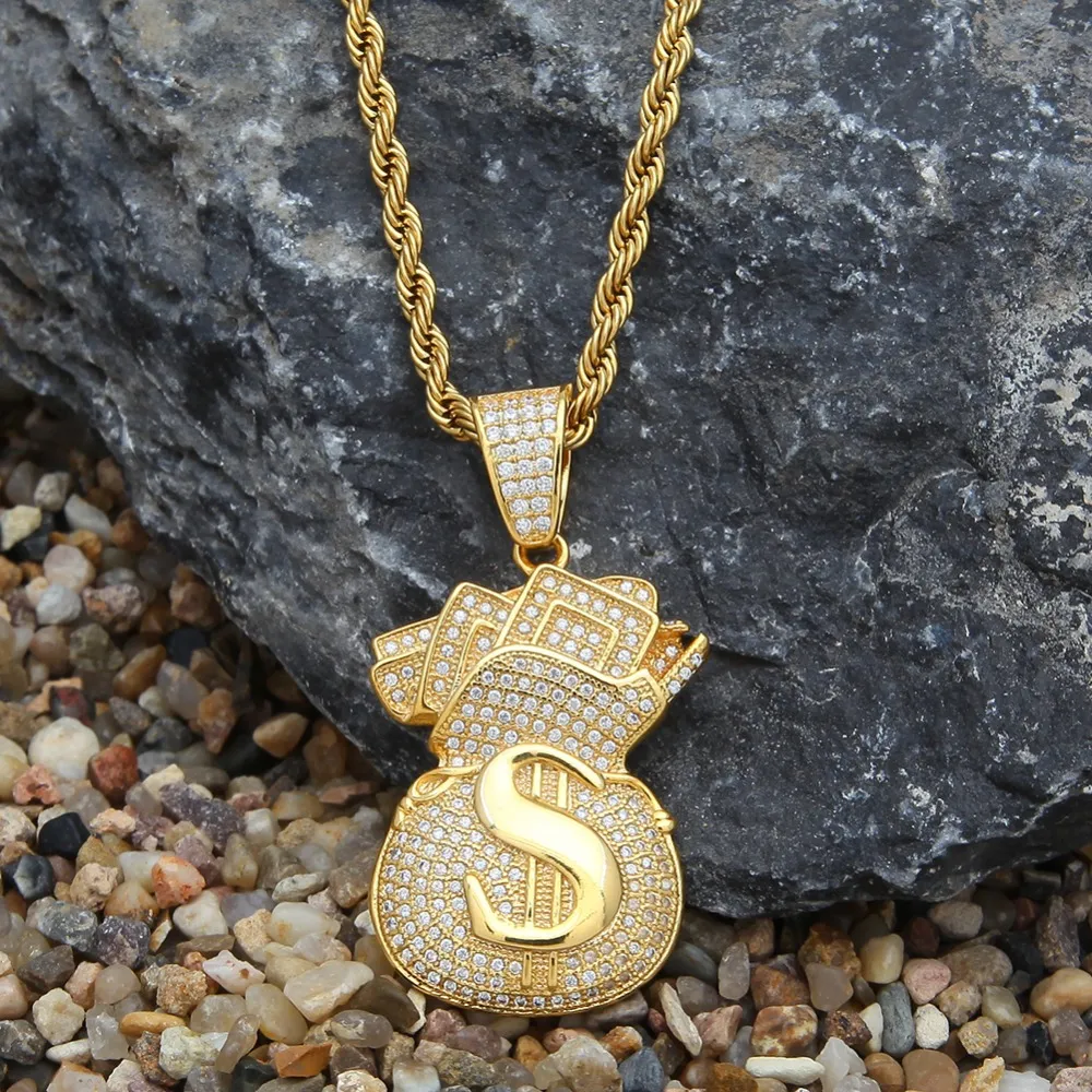 Uwin US Borsa soldi Collana pendente Completo Bling Cubic Zirconia Catene d'oro ghiacciate Argento Colore oro Gioielli Hiphop gli uomini224c