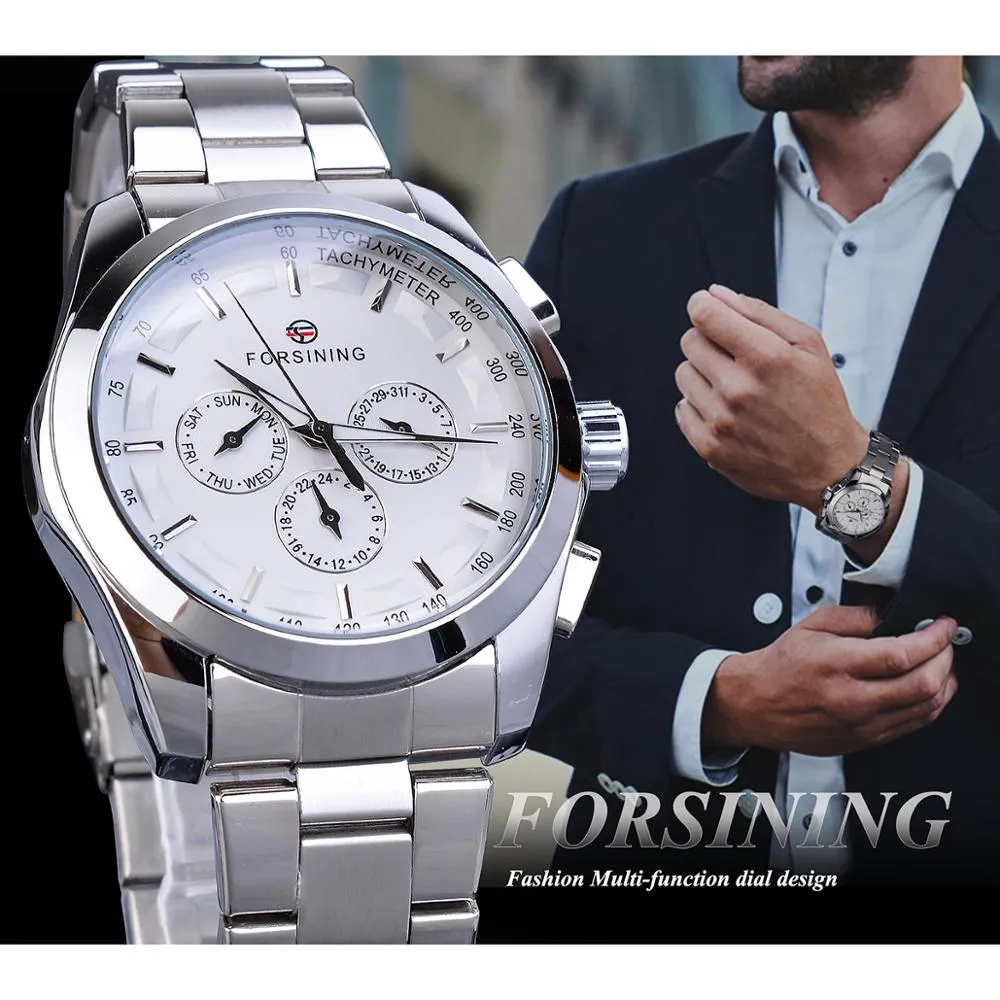 Forsining argento bianco orologio meccanico maschile 3 quadrante secondario lancette luminose data cinturino in acciaio inossidabile uomo business sport Montre Homme303p
