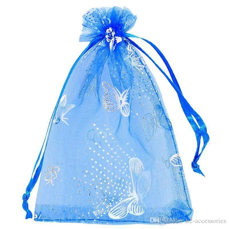100 pçs / lote azul borboleta organza sacos de presente de casamento bolsas 7x9cm embalagem de jóias bags255v