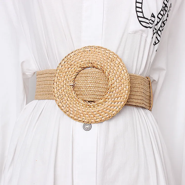Cintura elegante con fibbia in legno donna Cintura larga intrecciata femminile casual Designer femminile intrecciata con cintura elastica in paglia PP BZ339 Y1912246z