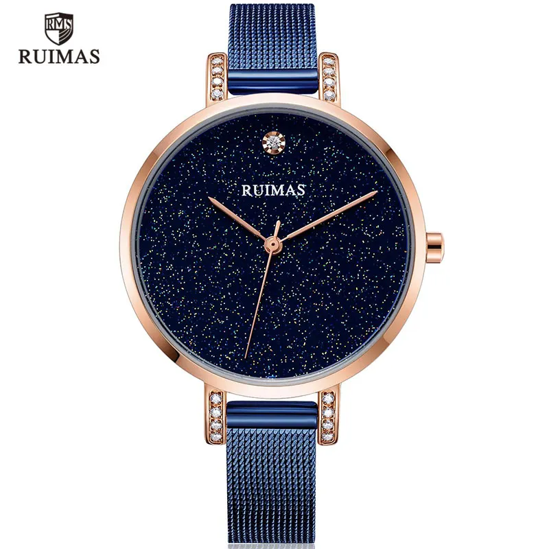 Ruimas Simple Analogue Dress Women's Watches Stainless Steel Mesh Strap Quartz Wrist Watches Lady Watch179R