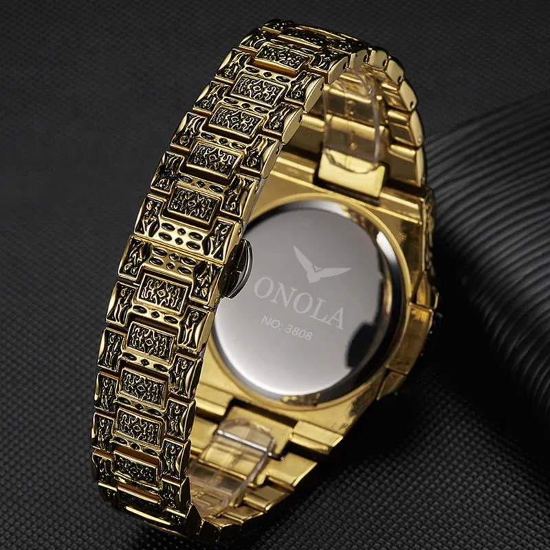 Varumärke Onola Fashion Luxury Watches Classic Design Retro Style Waterproof Steel Gold Watch for Men and Women245s