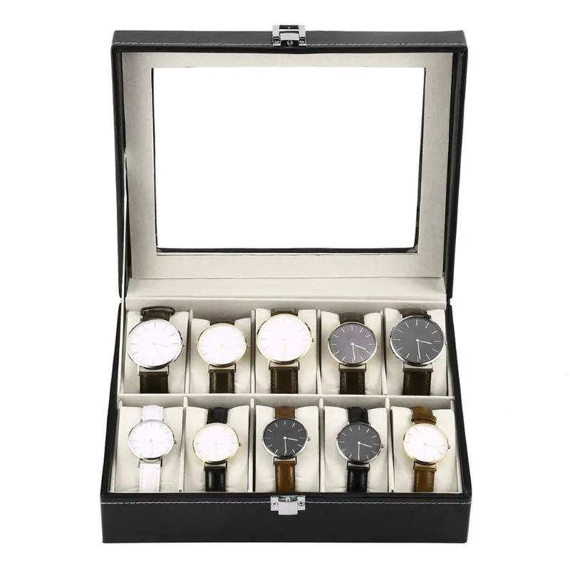 Boîtes de montres en cuir PU, 10 grilles, support de montre-bracelet, vitrine de montres, boîtes de rangement rectangulaires pour bijoux FO 266n