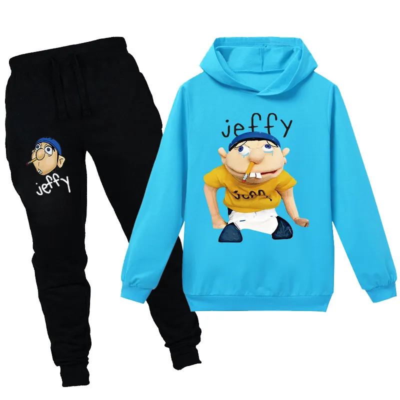 Cartoon Cartoon Jeffy Kids Sport Suit мальчики для мальчиков наборы для девочек брюки с капюшоном, детская костюма, подростки Pullov293X